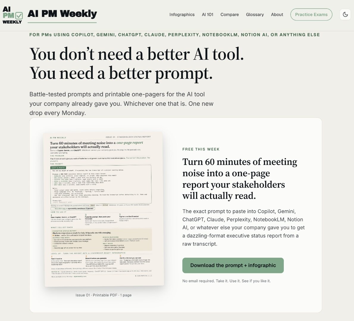 AI PM Weekly website home page in light mode