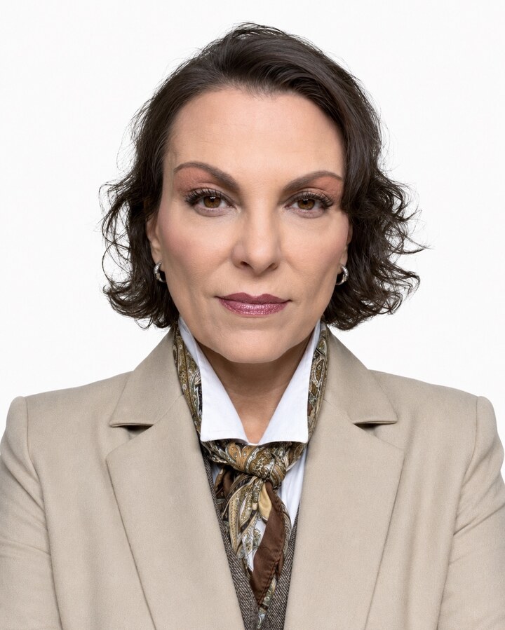 Portrait of Paula A. Perreira in a tan jacket and patterned scarf.