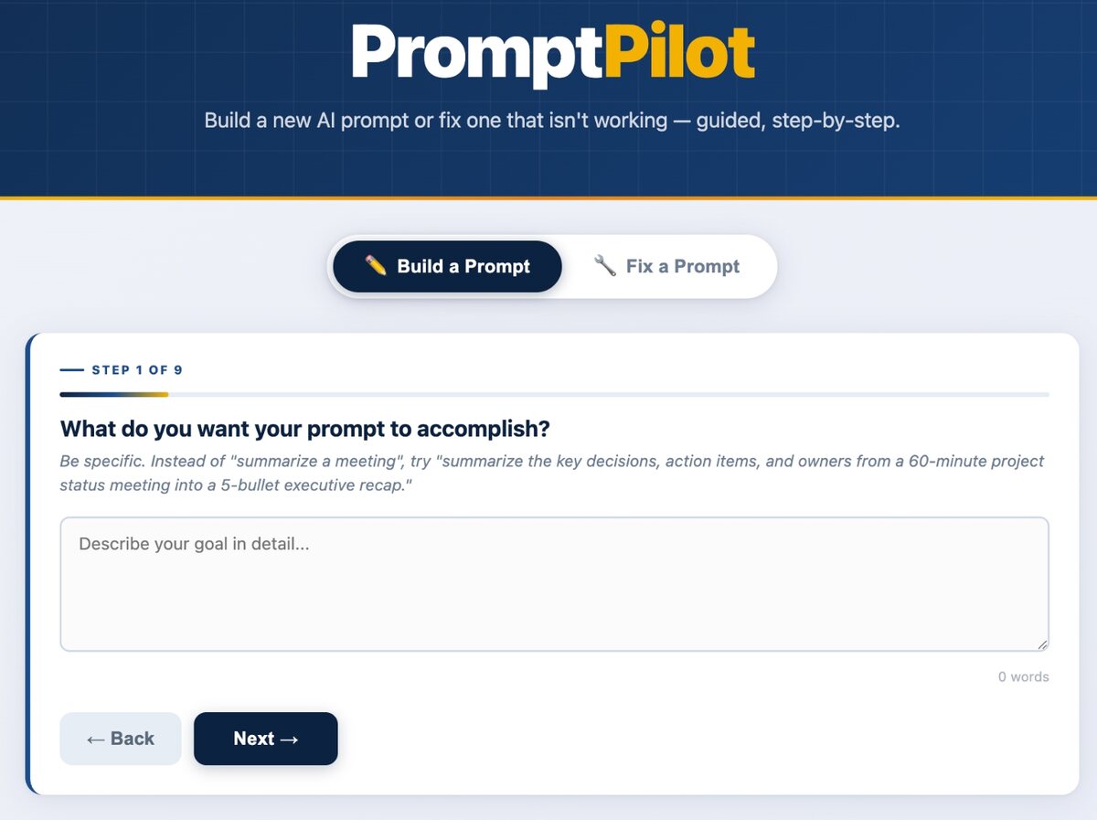PromptPilot guided prompt builder
