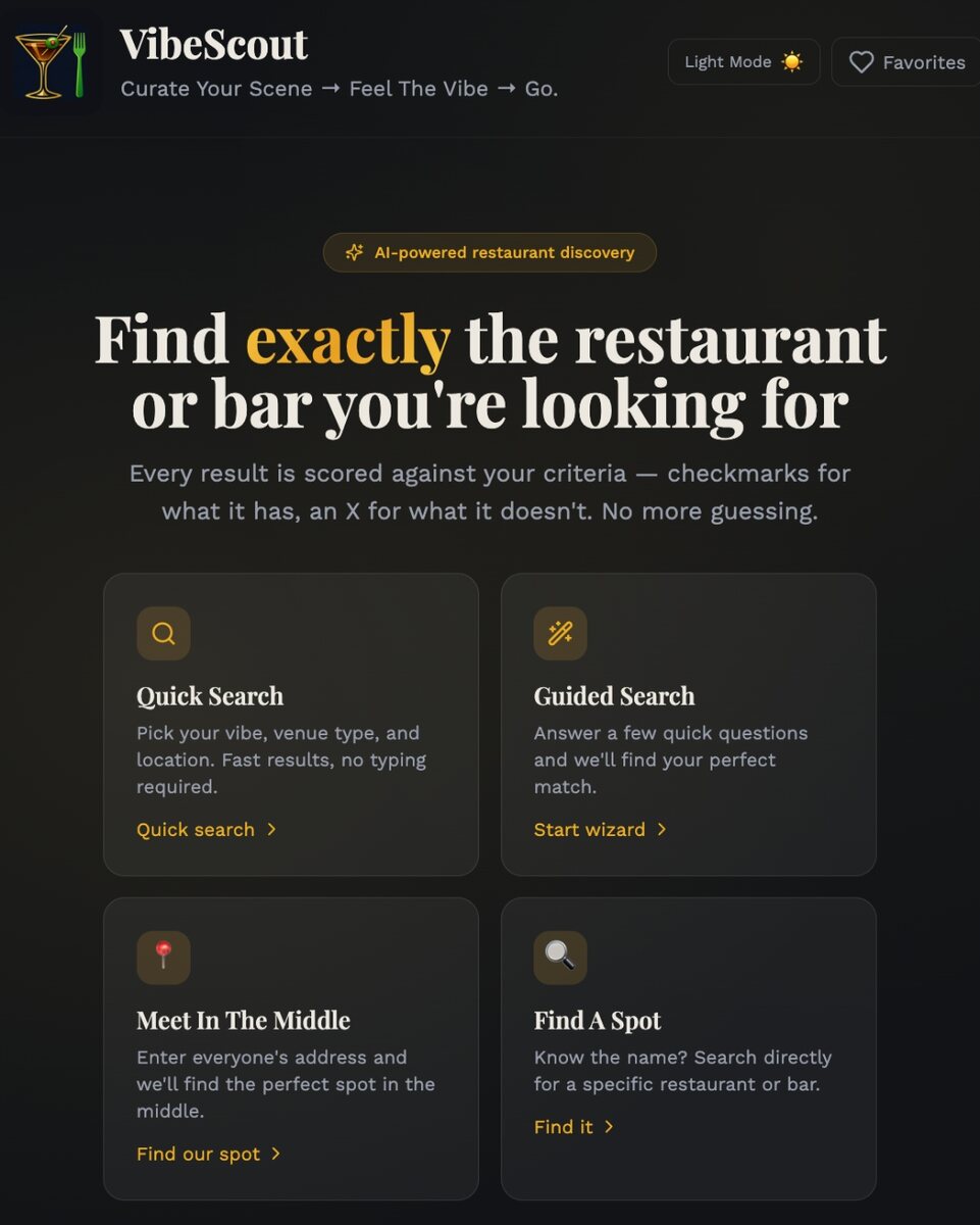 VibeScout restaurant discovery website home page